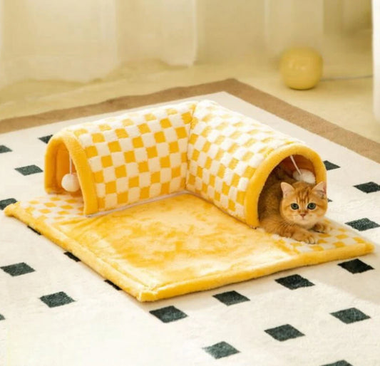 Elite Plush Plaid Checkered Cat Tunnel Bed